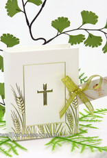 Communie bijbel als bedankje versierd met gouden lint