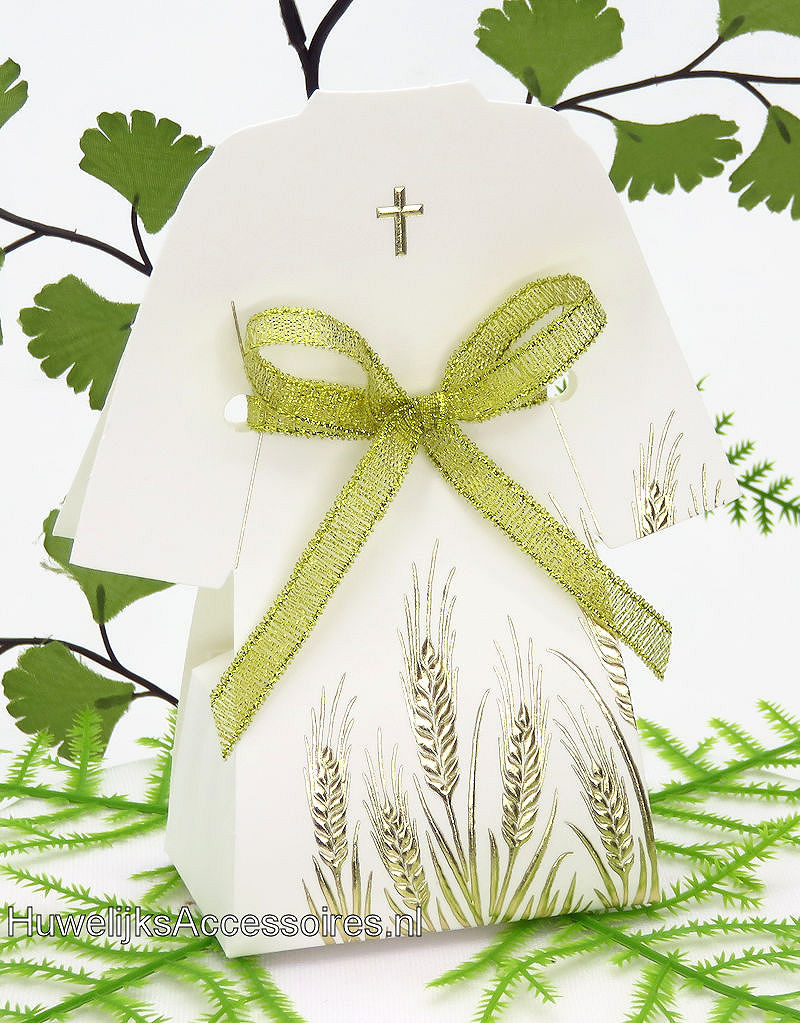 Communie tuniekjurk als bedankje versierd met gouden lint