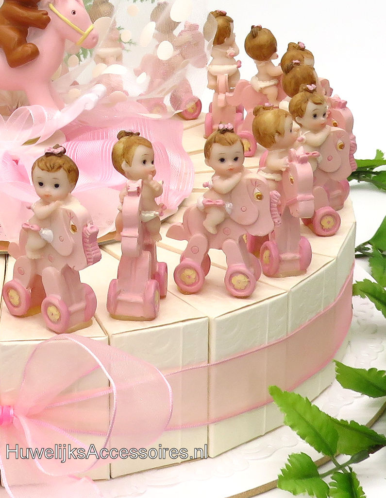 Geboorte bedankjes baby's op een roze rij paardjes