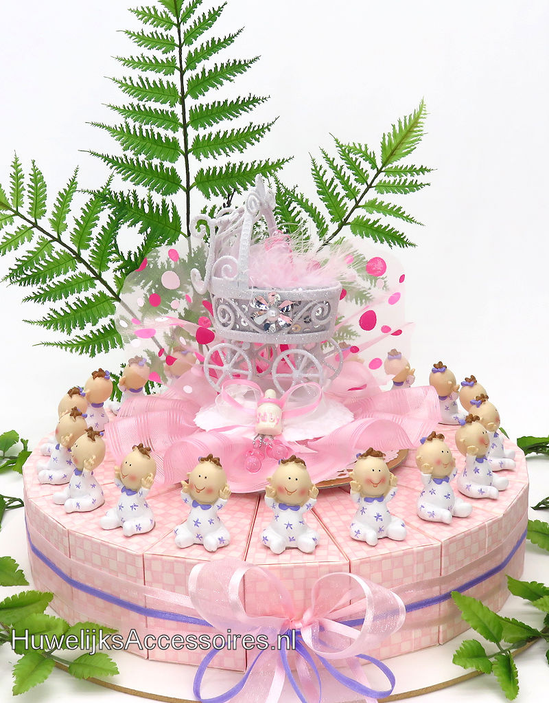 Bedankjes met baby's die in witte en lila pyjama's aanhebben