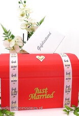 Rood huwelijks receptie enveloppendoos - 'Just Married'