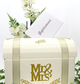 Mr & Mrs  bruiloft enveloppendoos met goud versierd