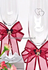 Disney Champagneglazen met Mickey en Minnie versierd met kersenrood strik