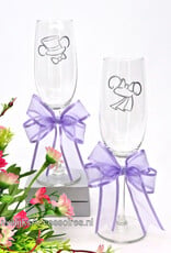 Disney Champagneglazen met Mickey en Minnie versierd met lila strikken