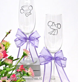 Disney Mickey en Minnie bruiloft champagneglazen met lila strikken