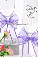 Disney Champagneglazen met Mickey en Minnie versierd met lila strikken