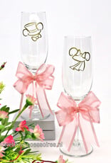 Disney Champagneglazen met Mickey en Minnie versierd met perzik strikken