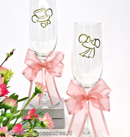 Disney Mickey en Minnie bruiloft champagneglazen met perzik strikken