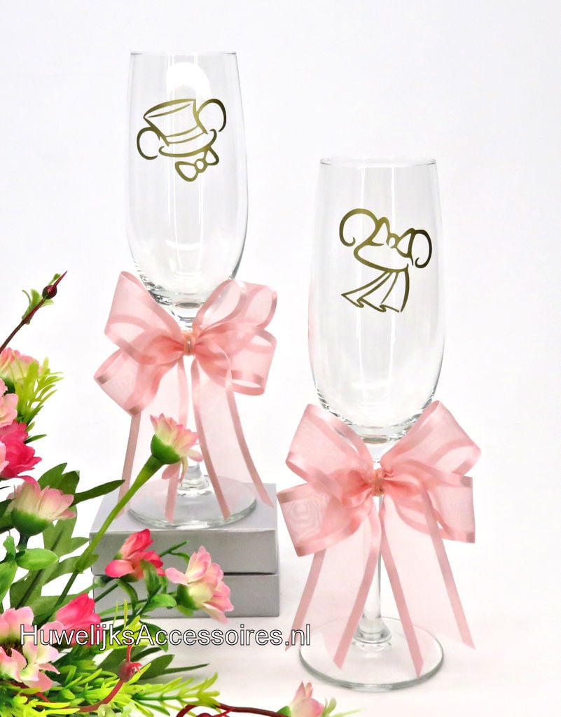 Disney Champagneglazen met Mickey en Minnie versierd met perzik strikken