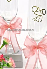 Disney Champagneglazen met Mickey en Minnie versierd met perzik strikken