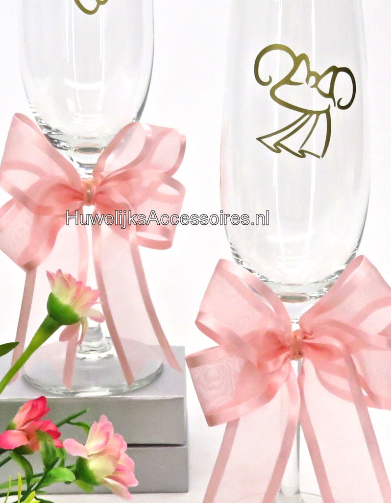 Disney Champagneglazen met Mickey en Minnie versierd met perzik strikken