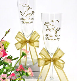 Disney Belle & het Beest bruiloft champagneglazen met goud strikken