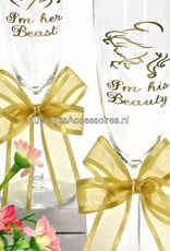 Disney Champagneglazen met Belle & het Beest versierd met goud strikken