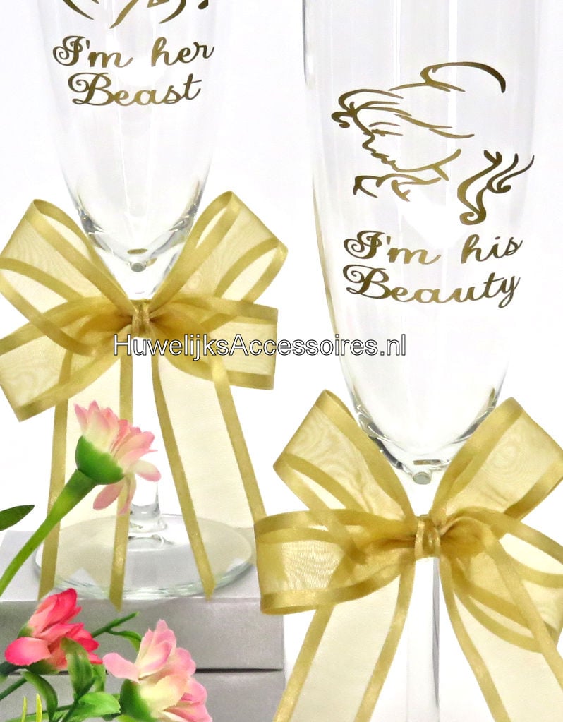 Disney Champagneglazen met Belle & het Beest versierd met goud strikken
