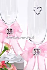 Disney Champagneglazen versierd met Mickey en Minnie erop een roze strik
