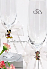 Disney Champagneglazen met Mickey en Minnie versierd met grote witte strikken