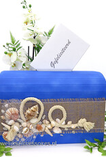 Blauw strand thema enveloppendoos versierd met schelpen
