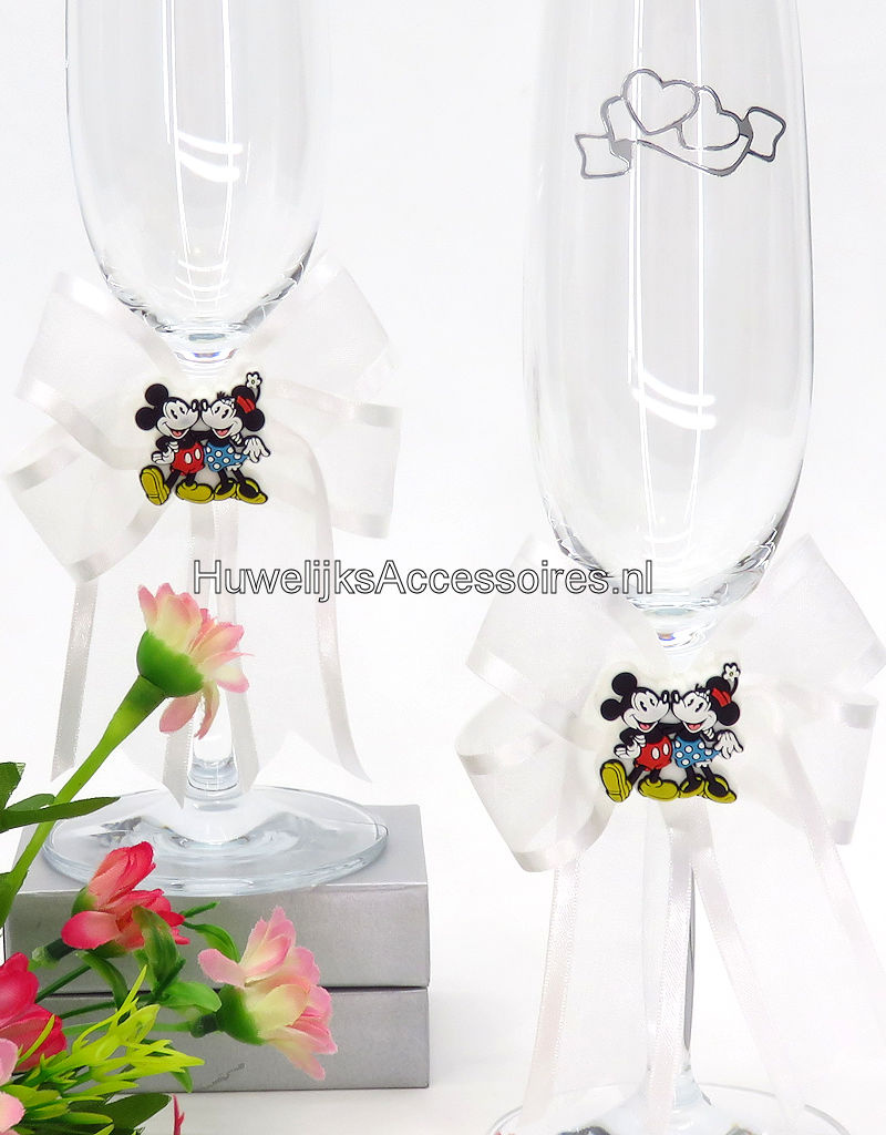 Disney Champagneglazen versierd met Mickey en Minnie samen op een witte strik