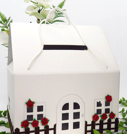 Witte 'huisje' enveloppendoos met roosjes versierd