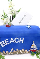 Blauw strand thema enveloppendoos versierd met schelpen