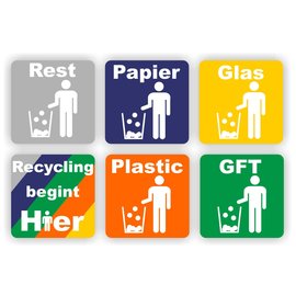 JERMA allerhandestickers Recycling begint hier set 6 afval stickers