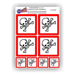 JERMA allerhandestickers Schedel, giftige stoffen, sticker set 8 stuks, rood, wit GHS06- etikettering