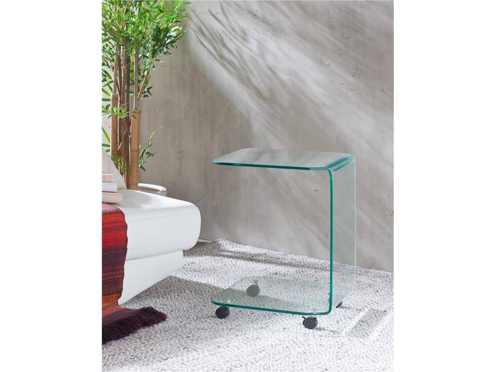 Glas-Beistelltisch mit 4 Rollen, formgebogen, Klarglas