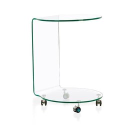 Glas-Beistelltisch mit 4 Rollen, formgebogen, Klarglas