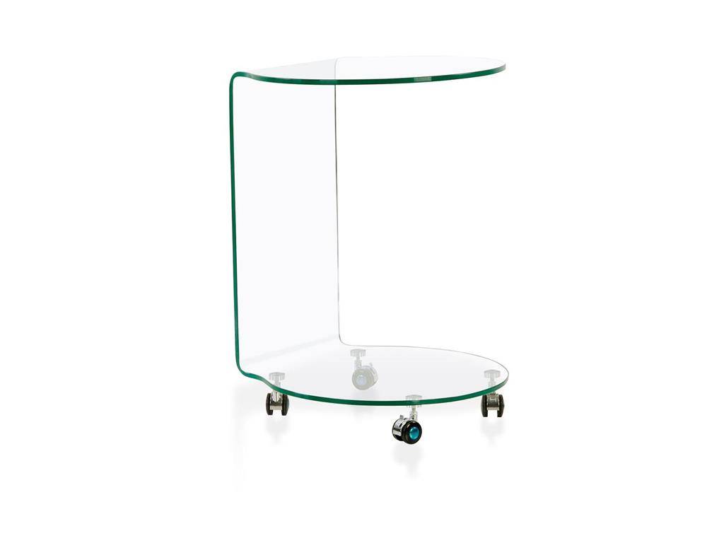 Glas-Beistelltisch mit 4 Rollen, formgebogen, Klarglas