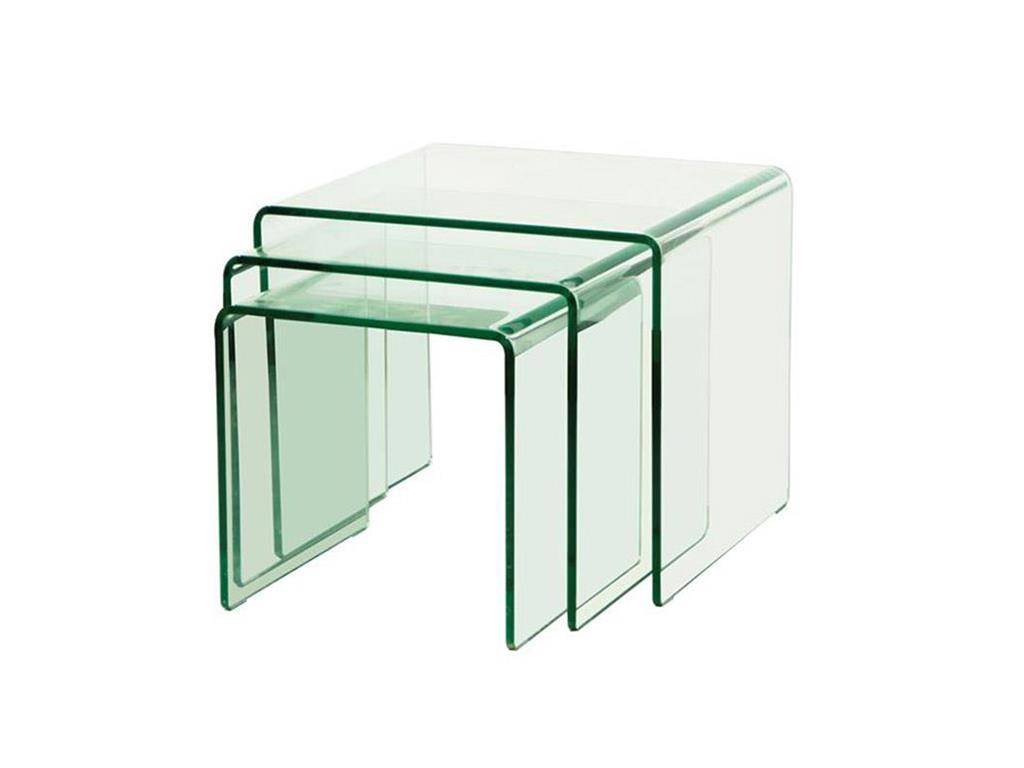 3 Satz Tisch aus formgebogenem Klarglas Glastisch