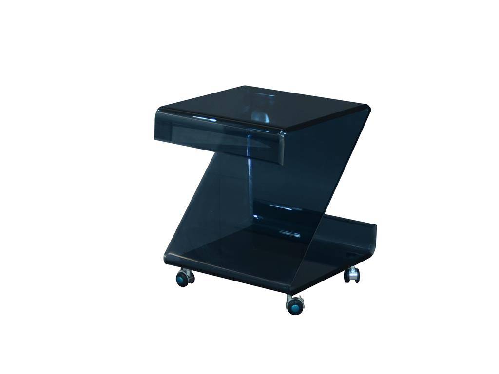 Glas-Beistelltisch auf Rollen, grau/formgebogen