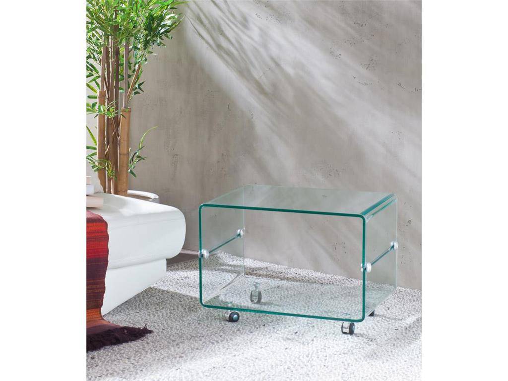 Glas-Beistelltisch mit Rollen, klar/formgebogen