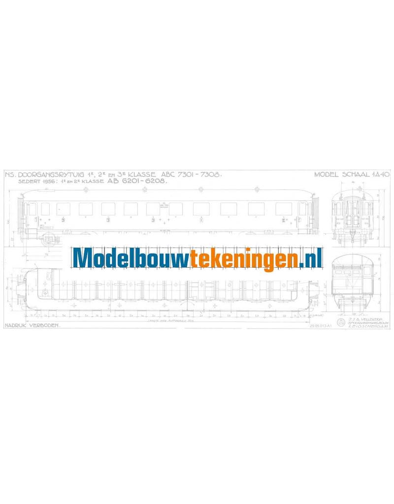 MBT NS Doorgangsrijtuig 1e, 2e en 3e klasse ABC 7301 - 7303 voor spoor 0 - Bouwtekening Schaal 1 : 40 (29.05.013)