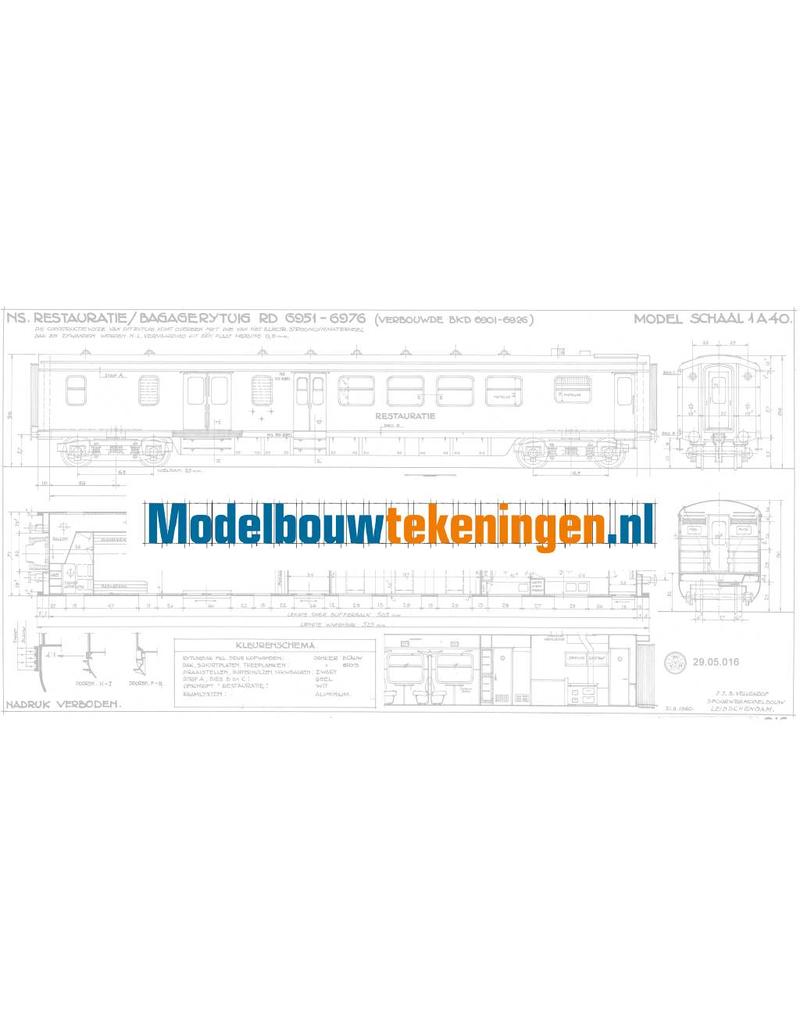 MBT NS Restauratie/Bagagerijtuig RD 6951 - 6978 voor spoor 0 - Bouwtekening Schaal 1 : 40 (29.05.016)