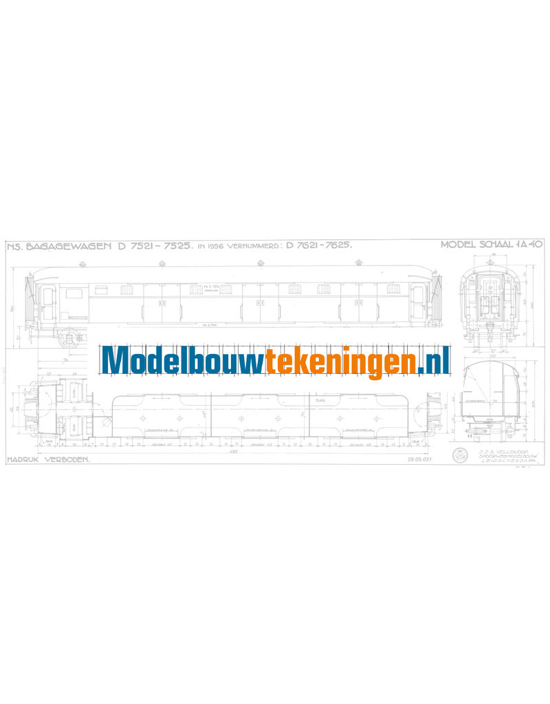MBT NS Gepäckwagen D-7521 - 7525 für Spur 0 - Bauzeichnung Maßstab 1 : 40 (29.05.031)