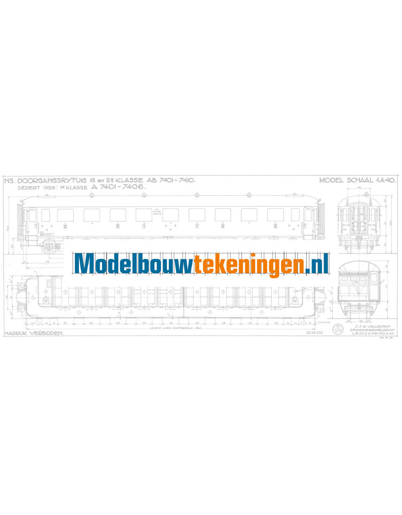 MBT NS Durchgangswagen 1. und 2. Klasse AB 7401 - 7410 für Spur 0 - Bauzeichnung Maßstab 1 : 40 (29.05.032)