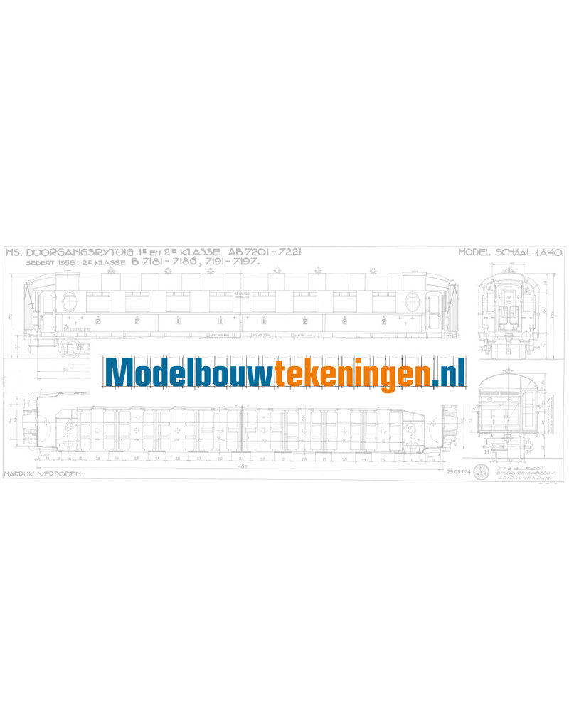 MBT NS Durchgangswagen 1. und 2. Klasse AB 7201 - 7221, umnummeriert nach 1956 für Spur 0 - Bauzeichnung Maßstab 1 : 40 (29.05.034)