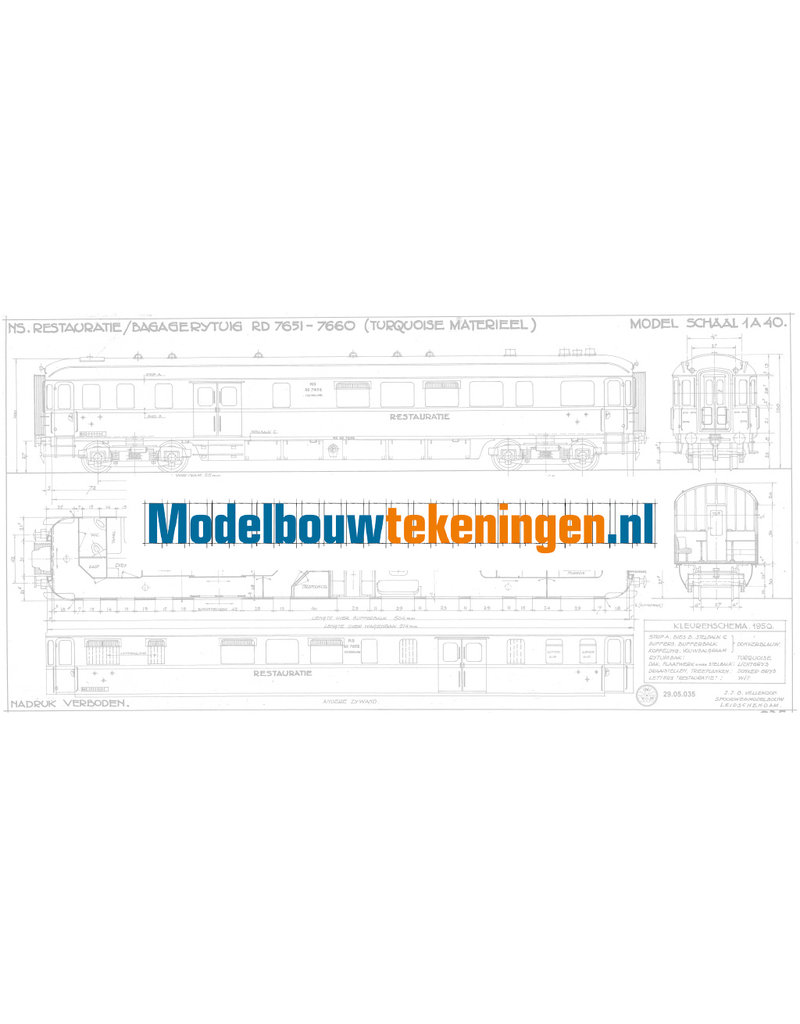 MBT NS Gepäck-/Restaurantwagen RD 7652 - 7660 für Spur 0 - Bauzeichnung Maßstab 1 : 40 (29.05.035)