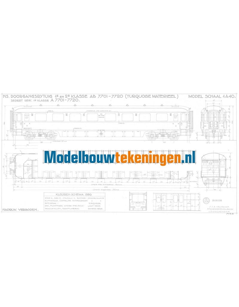 MBT NS doorgangsrijtuig 1e en 2e klasse AB 7701 - 7720, na 1956 A 7701 ,- 7720 voor spoor 0 - Bouwtekening Schaal 1 : 40 (29.05.036)