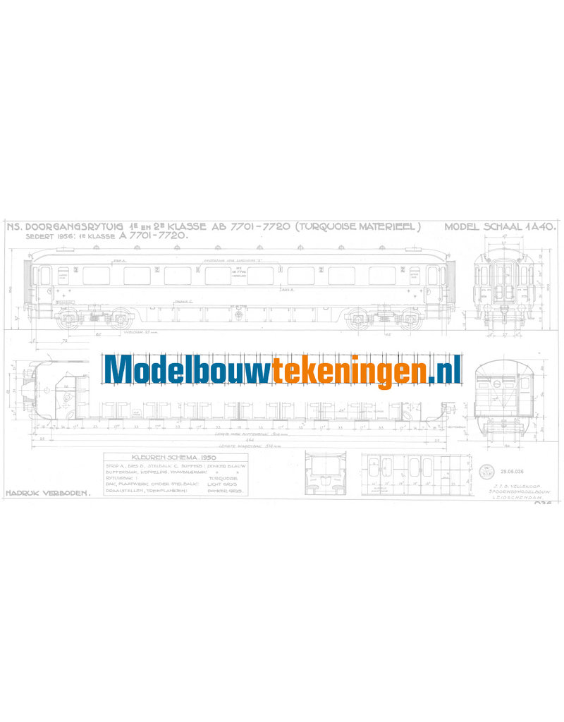 MBT NS Durchgangswagen 1. und 2. Klasse AB 7701 - 7720, nach 1956 A 7701 ,- 7720 für Spur 0 - Bauzeichnung Maßstab 1 : 40 (29.05.036)