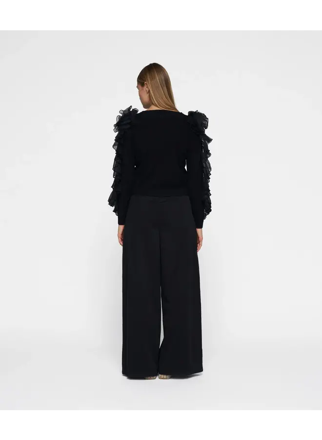 Twill Belted Wide Leg Pants - black