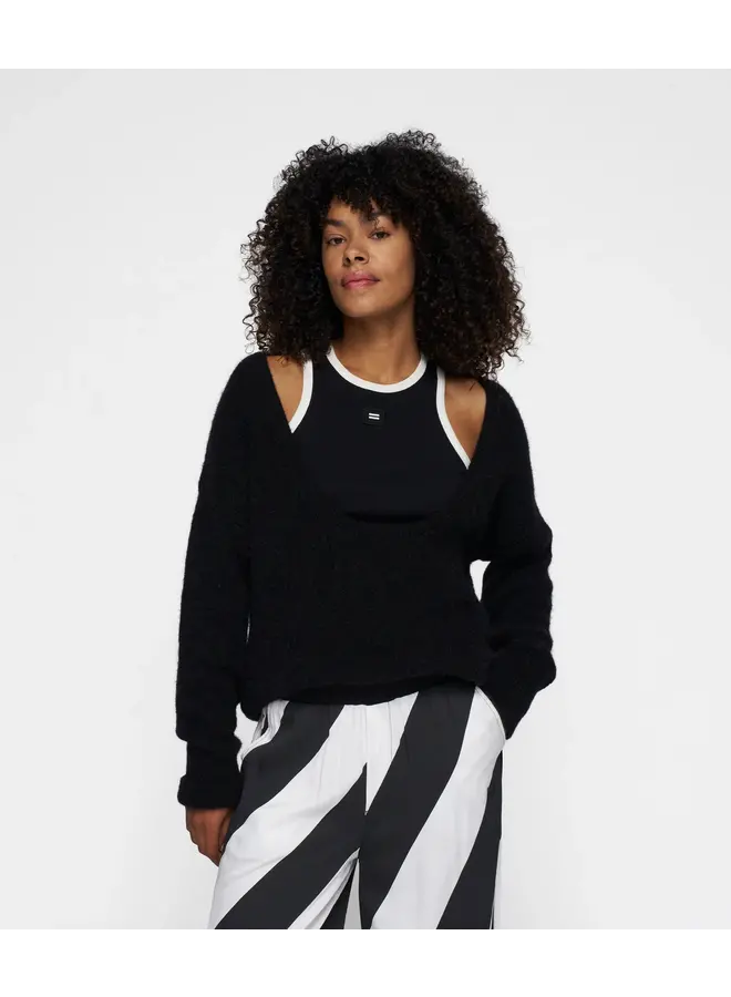 Deep Neck Knit Sweater - black