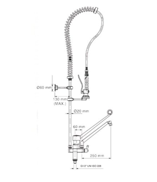 Voorspoeldouche | wandmodel | dubbelgats 155mm | 1/2" aansluiting | elleboog