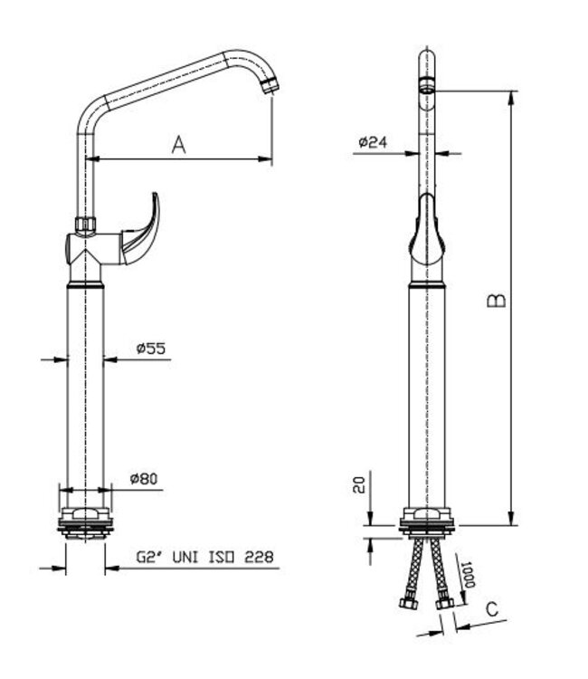Kolomkraan | tafelmodel | enkelgats | 3/8" aansluiting | 1 greep | 290mm zwenktuit