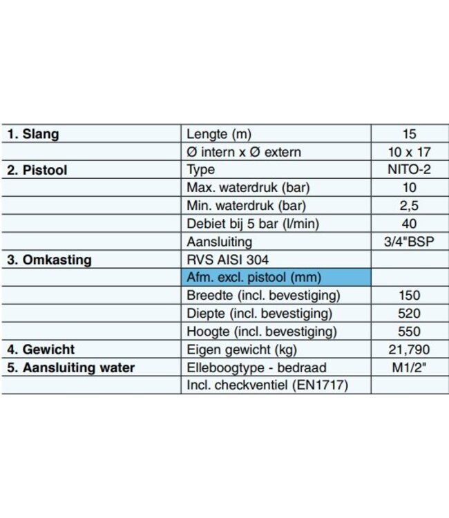 Keuken slanghaspel PRO | 15 meter slang | 1/2" aansluiting