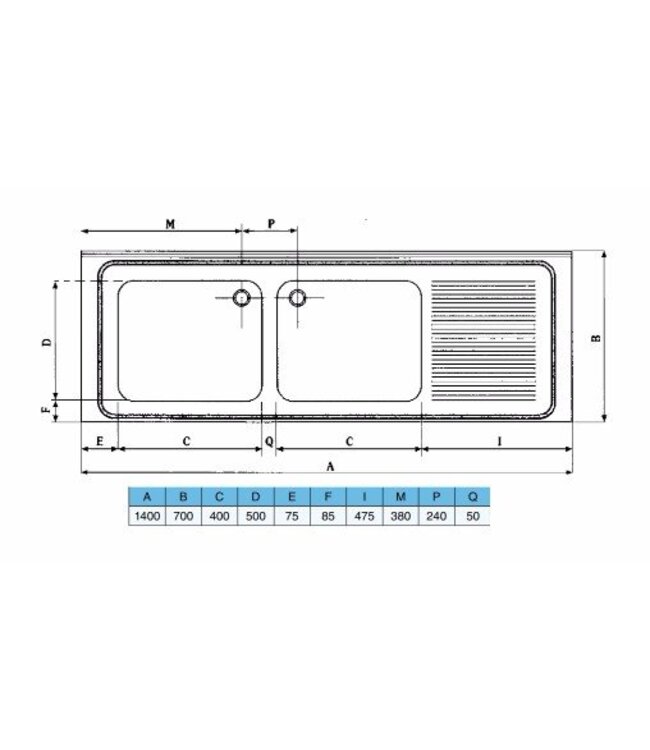 Spoeltafelblad | dubbele bak links (H)30x(B)40x(D)50 | geheel (B)140x(D)70