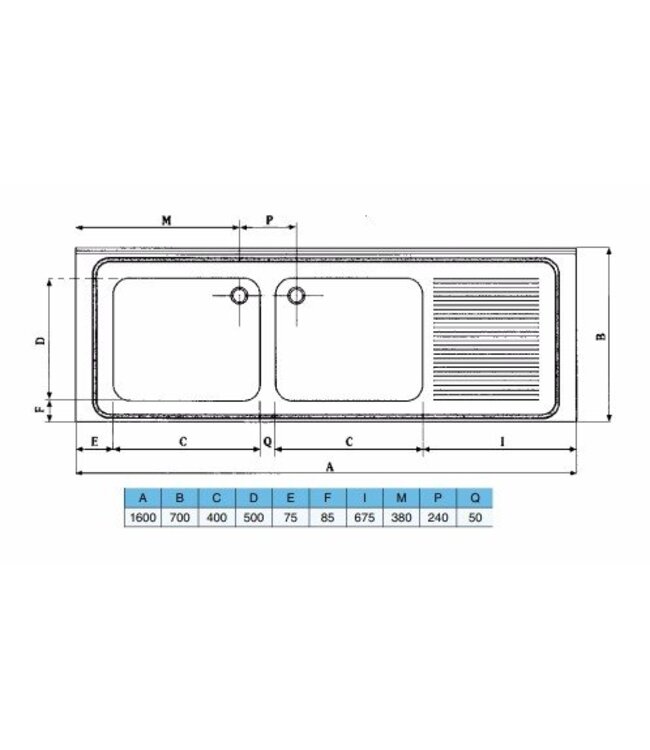 Spoeltafelblad | dubbele bak links (H)30x(B)40x(D)50 | geheel (B)160x(D)70