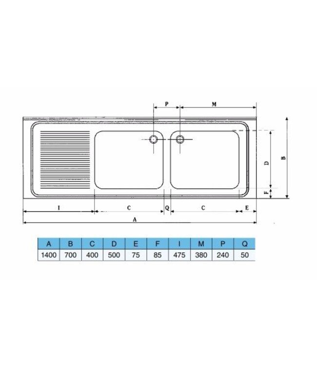 Spoeltafelblad | dubbele bak rechts (H)30x(B)40x(D)50 | geheel (B)140x(D)70