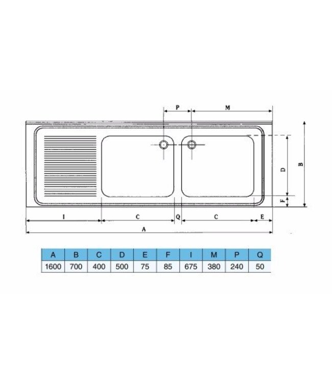 Spoeltafelblad | dubbele bak rechts (H)30x(B)40x(D)50 | geheel (B)160x(D)70