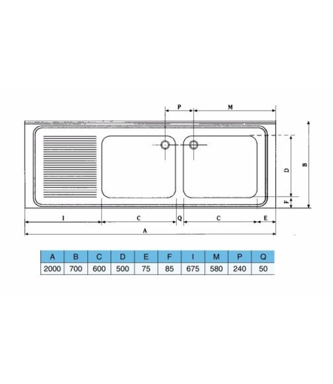 Spoeltafelblad | dubbele bak rechts (H)30x(B)60x(D)50 | geheel (B)200x(D)70